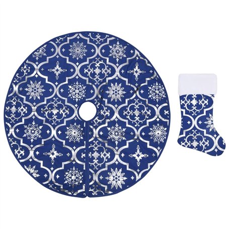 vidaXL Tapis de Sapin de Noël de Luxe avec Chaussette - Décoration de Noël - Bleu - 122 cm