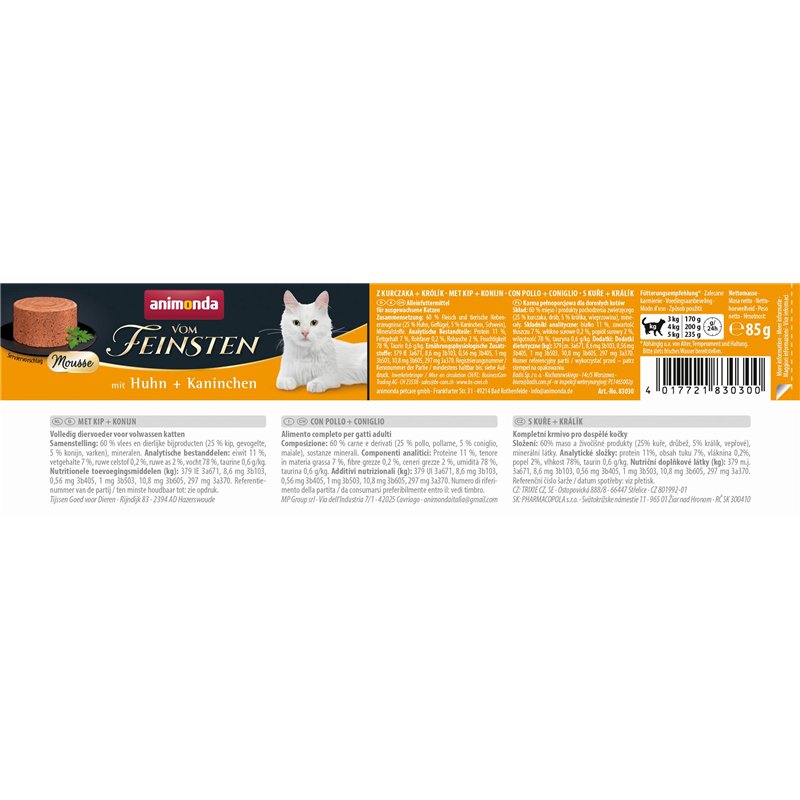 Image secondaire de animonda vom Feinsten Mousse - Nourriture Humide pour Chat Adulte - sans Sucre - avec Poulet et Lapin - 12 x 85 cm