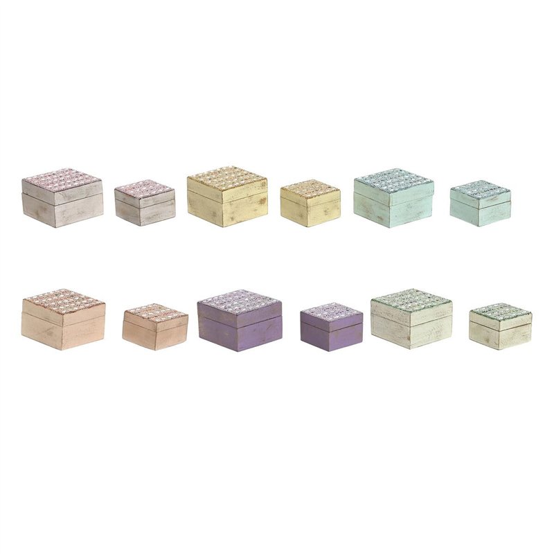 Home ESPRIT Boîte à bijoux multicolore en bois de manguier 10 x 10 x 6 cm (2 pièces) (6 unités)