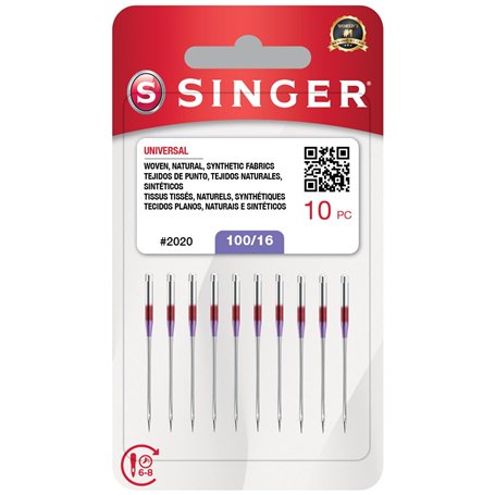 SINGER Lot de 10 aiguilles universelles pour machine à coudre 2020, taille 100/16
