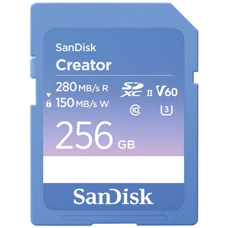 SanDisk Creator SD UHS-II SD Carte, 256 Go Carte SD V60, 6K & 4K UHD, Vitesse de Lecture jusqu'à 280 MB/s, Logiciel de récupérat