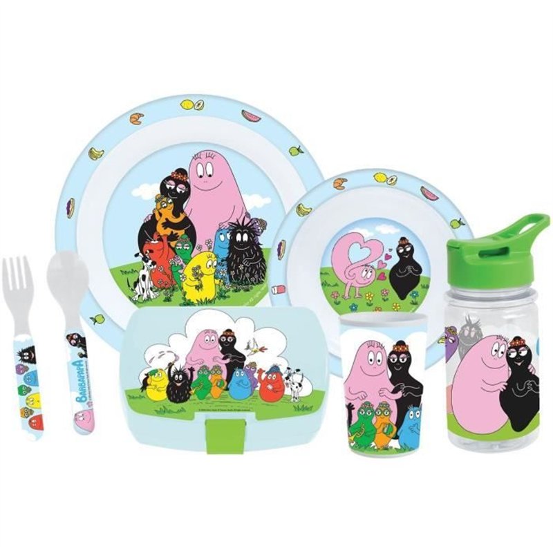 Lot vaisselle - FUN HOUSE - BARBAPAPA - Verre, assiette Ø22 cm et Ø16 cm, couverts, gourde et boite goûter