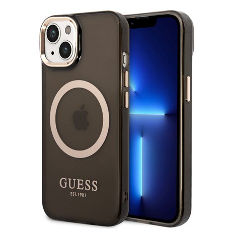 Guess GUHMP14SHTCMK Coque pour iPhone 14 6,1" Noir/Noir Coque Rigide Or Ligne Translucide