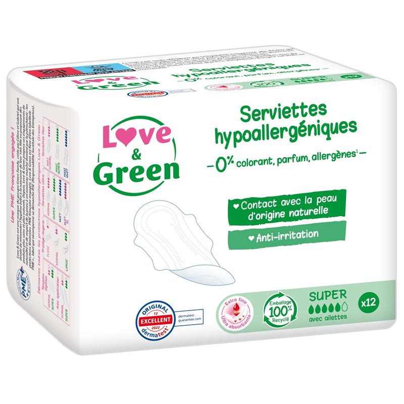Love & Green Serviettes hygiéniques, écologiques et hypoallergéniques - certifiées Ecolabel et Dermatest - 