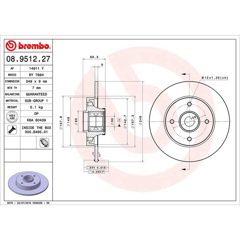 Image secondaire de Brembo 08.9512.27 Disque de Frein Arrière avec roulement intégré et ABS - 1 Disque