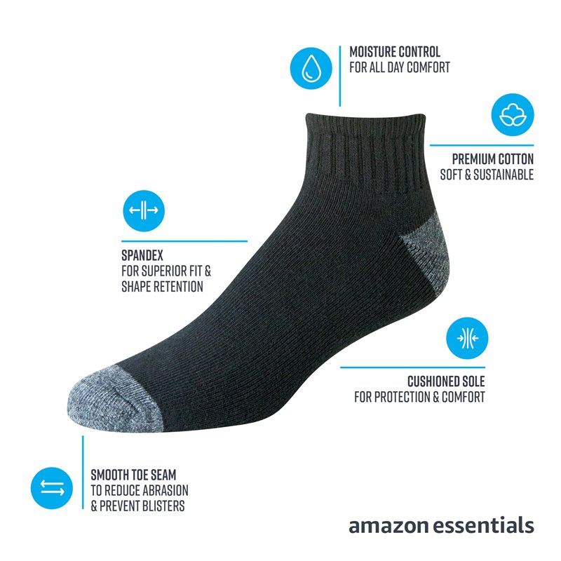 Image secondaire de Amazon Essentials Chaussettes à la Cheville en Coton, Confortables, durables, Semi-rembourrées Homme, 10 Paires, Noir, 41-45