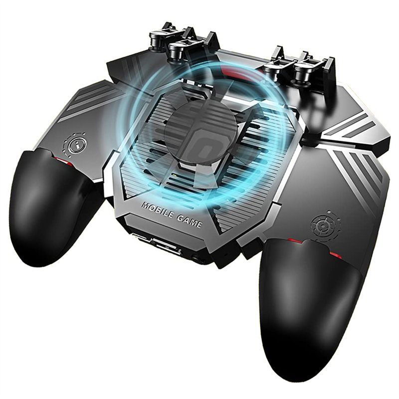 Manette Telephone avec Ventilateur, Contrôleur de Jeu Mobile Portable 6 Doigts Gamepad Joystick Universel L1R1 pour PUBG Smartph