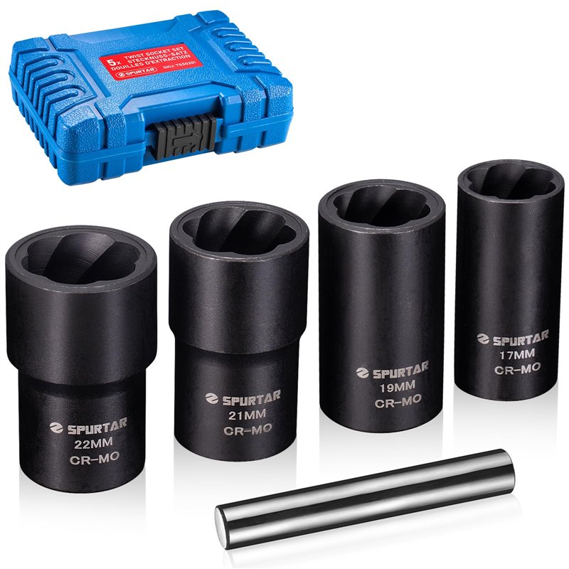 Spurtar 5 Pièces Coffret de Douilles Extracteurs de vis pour Enlever les Boulons Endommagés, Arrondis et Rouillés 17mm, 19mm, 21