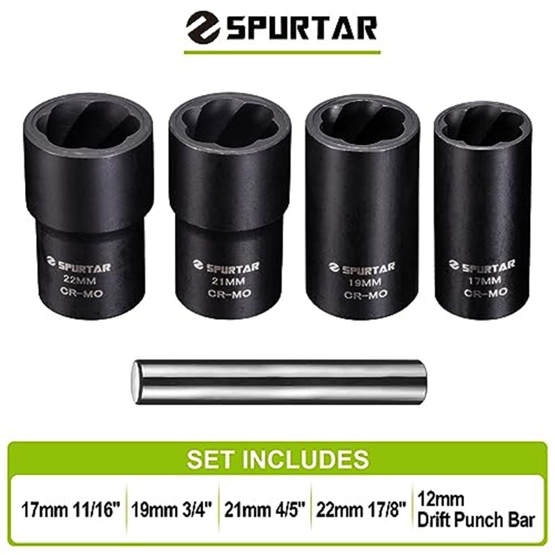 Image secondaire de Spurtar 5 Pièces Coffret de Douilles Extracteurs de vis pour Enlever les Boulons Endommagés, Arrondis et Rouillés 17mm, 19mm, 21