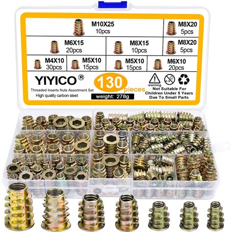 YIYICO Insert Fileté Bois Inserts Filetés Écrous à Visser Douille M4 M5 M6 M8 M10 Manchons à Visser Alliage de Zinc 130pcs pour