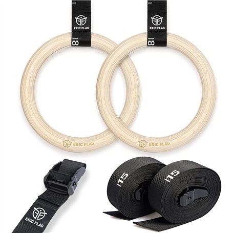 Eric Flag Anneaux Gymnastique en Bois - Diamètre 28 mm - Anneaux Gym avec Sangles Suspension Graduées