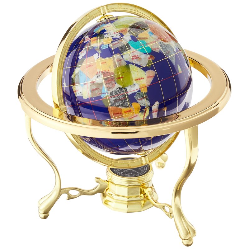 Unique Art 25,4 cm par 15,2 cm Bleu Lapis Océan Table Top Gemstone Mondiale Globe avec de l'or trépied
