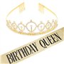 KroY PecoeD Couronne Anniversaire Echarpe, Doré Birthday Queen Echarpe Reine Diadème de Princesse en Strass Broche Perle Femme F