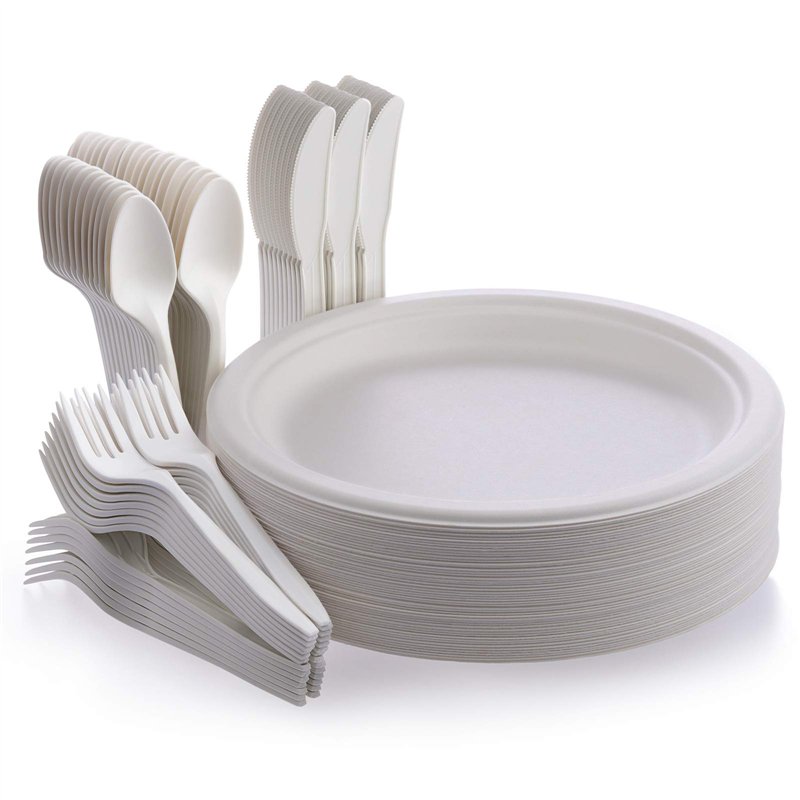 Fuyit 200Pcs Assiettes Jetables en Bagasse de Canne à Sucre, Couverts Jetables,Fourchettes, Couteaux et Cuillères pour La Fête, 