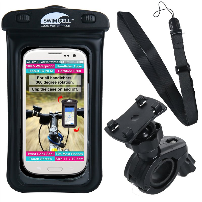 SwimCell Support Téléphone Étanche Vélo Moto Guidon Pochette Waterproof Smartphone Apple Samsung Android. Circonf. 6.5-9.5 Cm. R