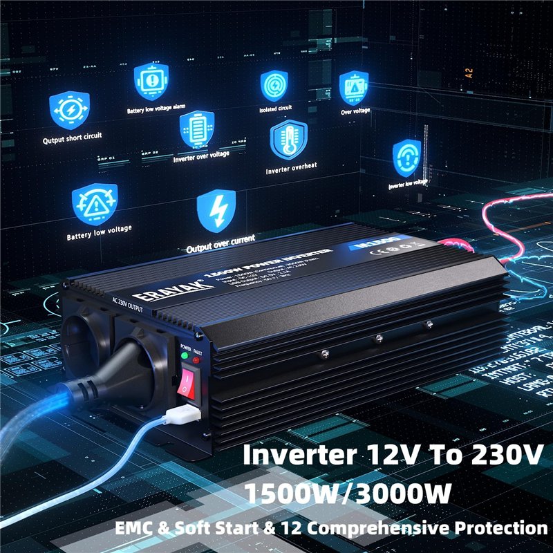 Image secondaire de ERAYAK Convertisseur 12V 220V/230V 1500W/3000W Onduleur à Transformateur avec Télécommande & Double AC Prises de Courant pour RV
