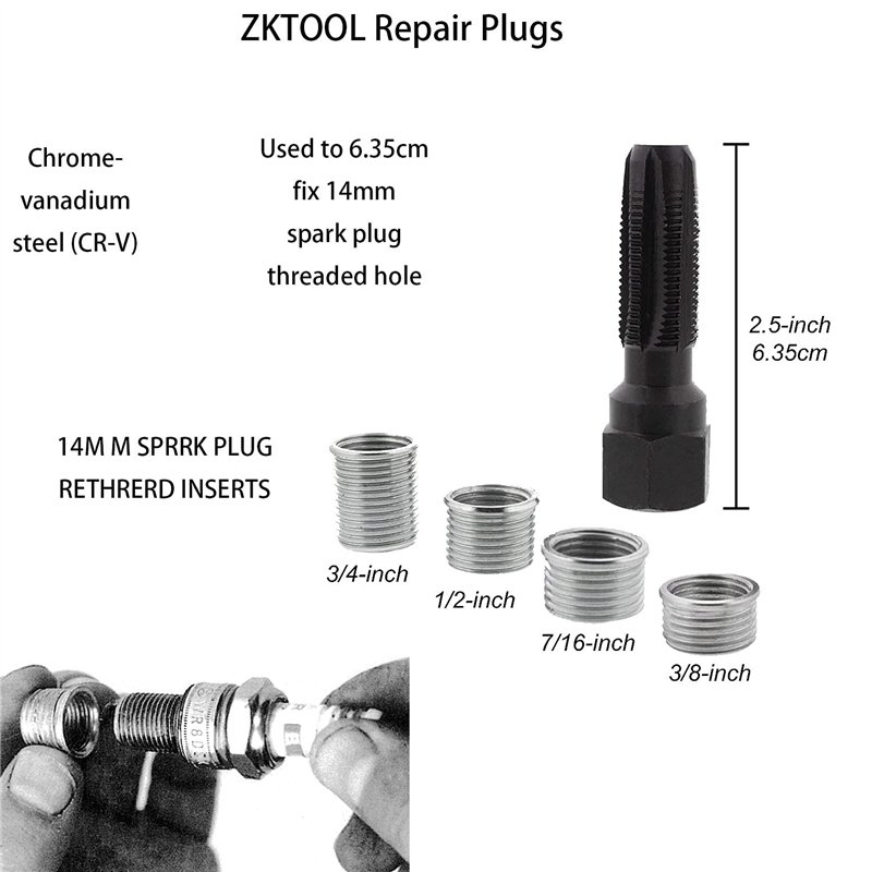 Image secondaire de ZKTOOL 5pcs Kit de réparation pour Filetage de Bougies d'allumage M14 x 1,25, Kit de refiletage de Culasse, Rethreading Bougie