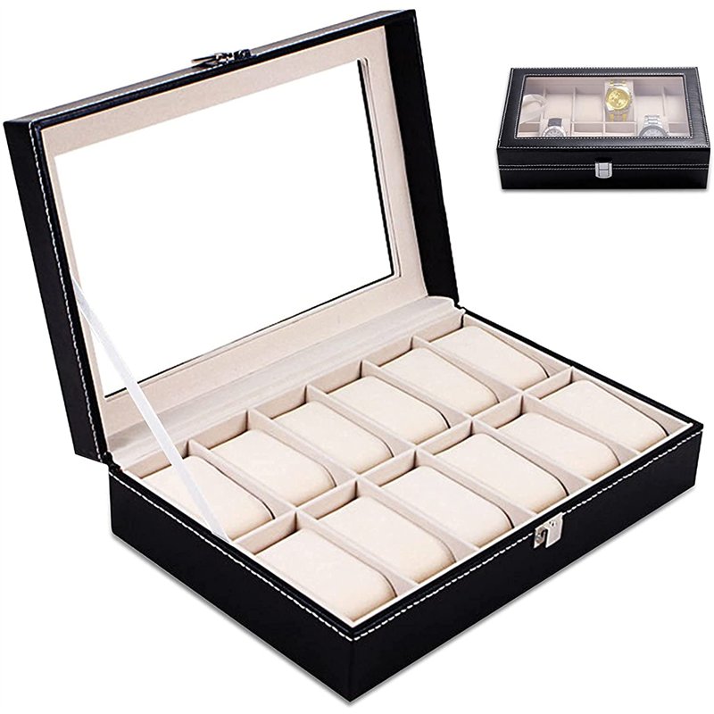 TWBEST Boîte à montres,Coffret à Montres,Rangement pour montres avec 12 Compartiments Montres Boîte,Boîte à Montre Couvercle ave