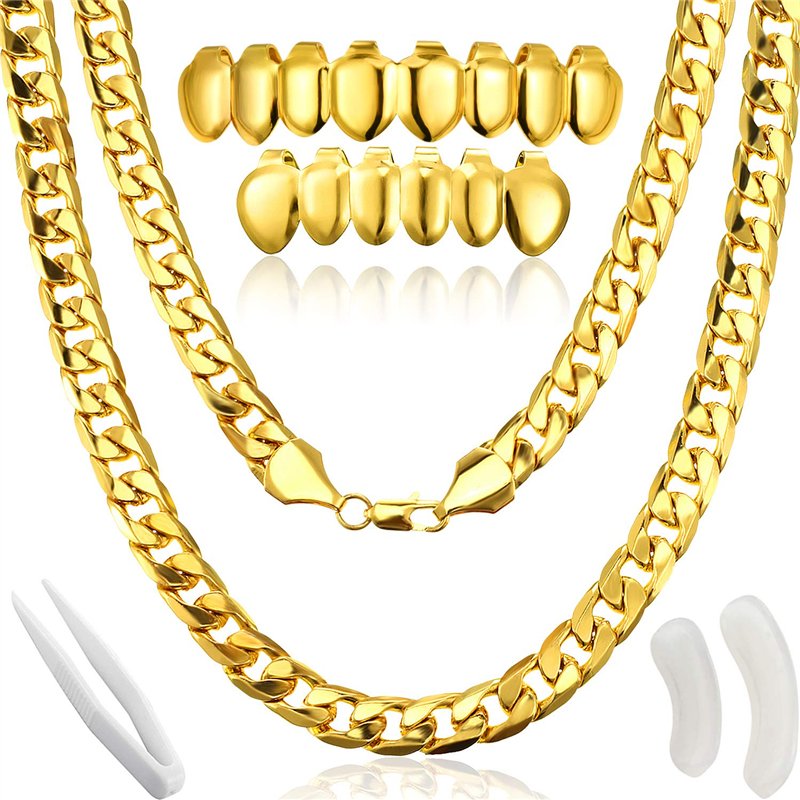Gejoy Costume de Rappeur Hip Hop, Collier de Chaîne Faux d’Or Collier Chunky avec Plaqué Or pour Bouche Haut Bas Grilles de Dent