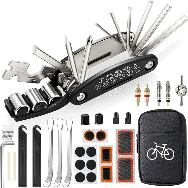 Kit Reparation Velo, Trousse Outils de Vélo, Outil Multifonction 16 en 1, Kit Crevaison Velo avec 3 Levier Pneu Velo, Rustine Ve