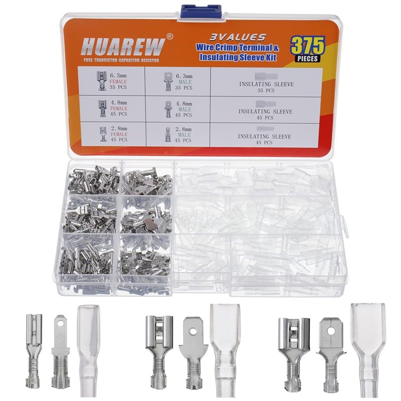 HUAREW 3 valeurs 375 pièces 2.8/4.8/6.3mm mâle et femelle fil bêche connecteur à sertir terminal manchon isolant kit pour voitur