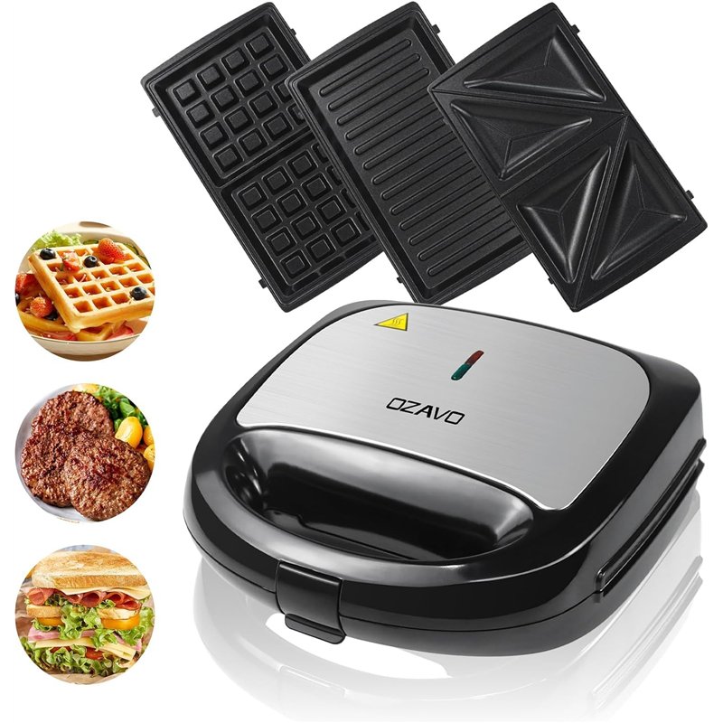 OZAVO 3 en 1 Appareil à Croque-monsieur Sandwich Grill Panini Toaster, Croque Gaufre avec Revêtement antiadhésif 750W, Noir