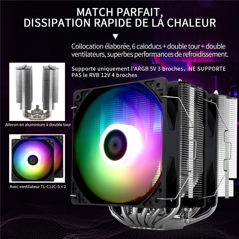 Image secondaire de Thermalright Peerless Assassin 120 SE ARGB Refroidisseur d'air CPU, 6 caloducs refroidisseur de CPU, double ventilateur TL-C12C-
