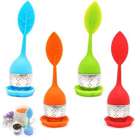 Lot de 4 infuseurs à thé en acier inoxydable et silicone - Passoire à thé avec couvercle et soucoupe - Boule à thé - Filtre à th