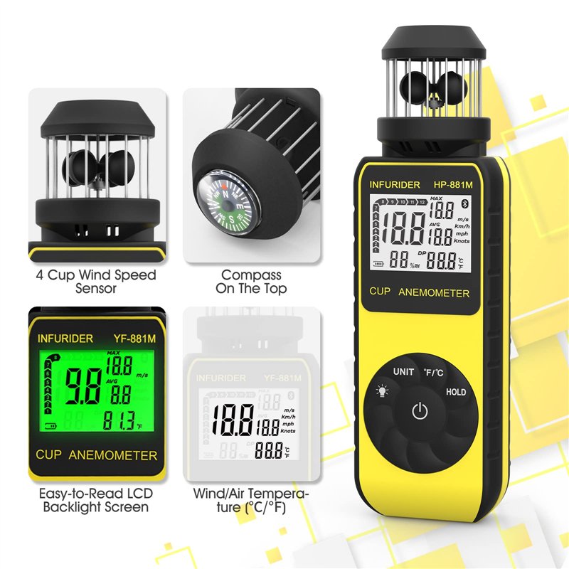 Image secondaire de Anémomètre Numérique, INFURIDER YF-881M Digital Anemometre Cup Vitesse du Vent Mesure de la Vitesse/Température du Vent à L'aide