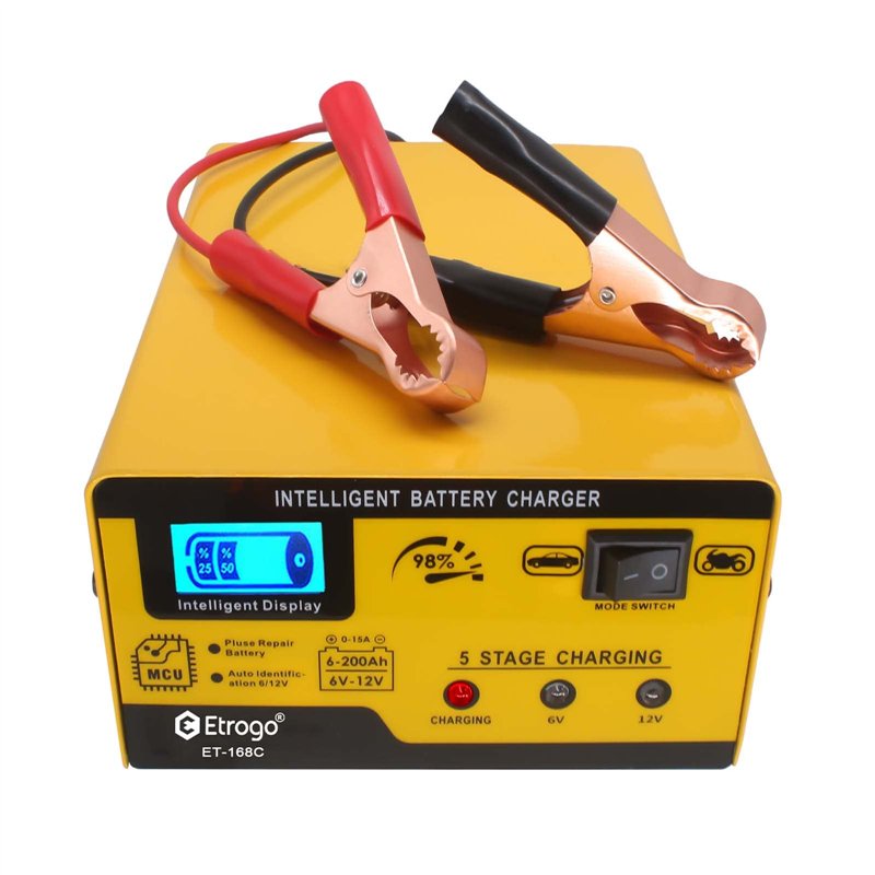 Etrogo Chargeur de Batterie 12V 6V 1A-15A Intelligent Entièrement Automatique Chargeur d'impulsions avec écran à Barre LED pour 