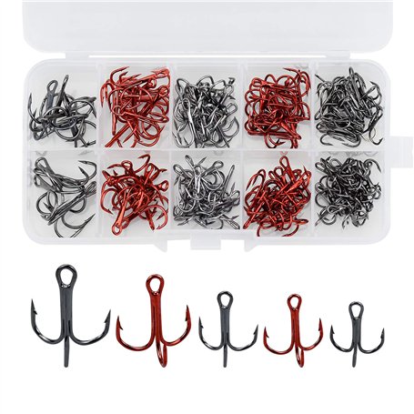 130 Pcs Triple Hameçon Pêche Trident Peche Triples Hameçons Barbelés Acier à Haute teneur en Carbone Taille 4# 6# 8# 10#