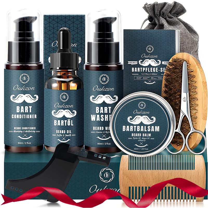 Kit Soins Barbe Homm, Oukzon 10 en 1 Coffret Cadeau Pousse Barbe Complet Professionnel avec Shampoing barbe, Conditionneur, Huil
