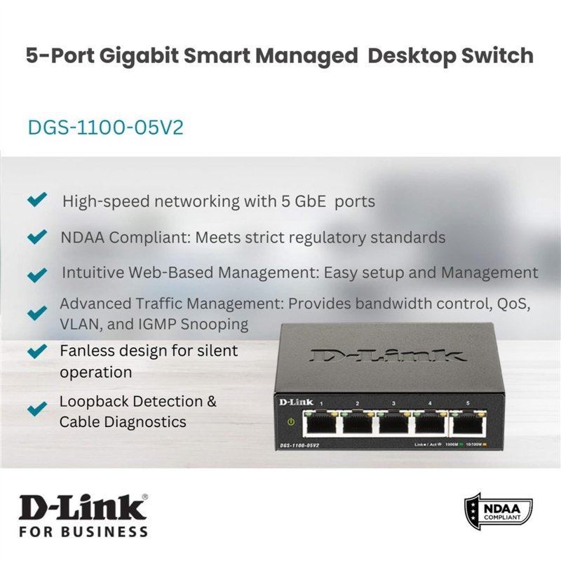 Image secondaire de D-Link Commutateur Ethernet, 5 ports facile Smart Managed Gigabit réseau Internet bureau ou support mural (DGS-1100-05V2)