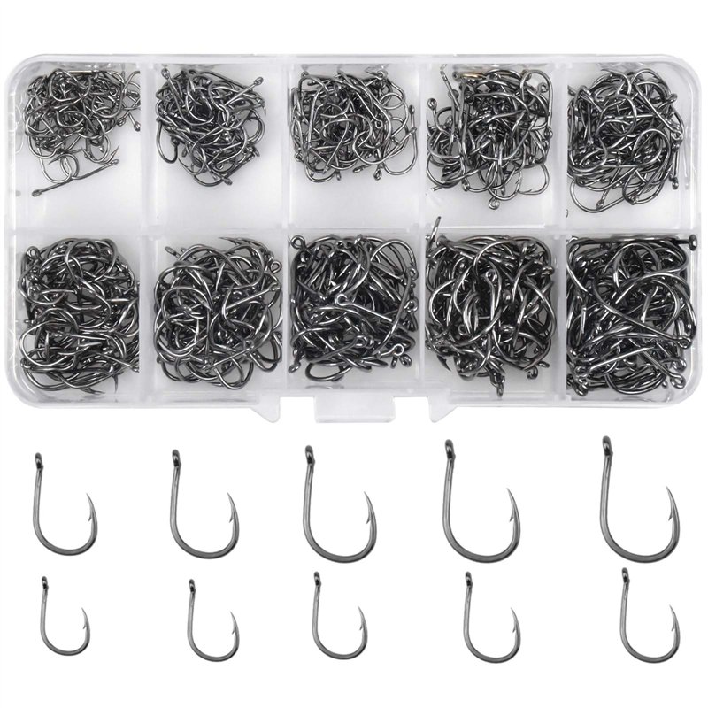 Skyzone Hameçon de Pêche, Lot de 500 Hameçons en Acier Carbone 10 tailles assorties (3#-12#) avec ardillons hameçons mer avec bo