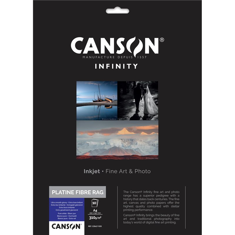 CANSON Infinity - Platine Fibre Rag - Pochette 10 feuilles de papier photo baryté A4 brillant - 310g/m² - Blanc Pur