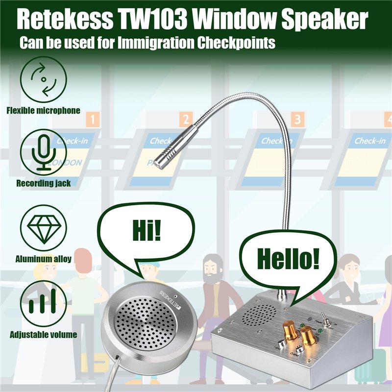 Image secondaire de Retekess TW103 Système de Haut-parleurs de Fenêtre Système d'Interphone Bancaire, 2W Double Voie Microphone de fenêtre, pour Poi