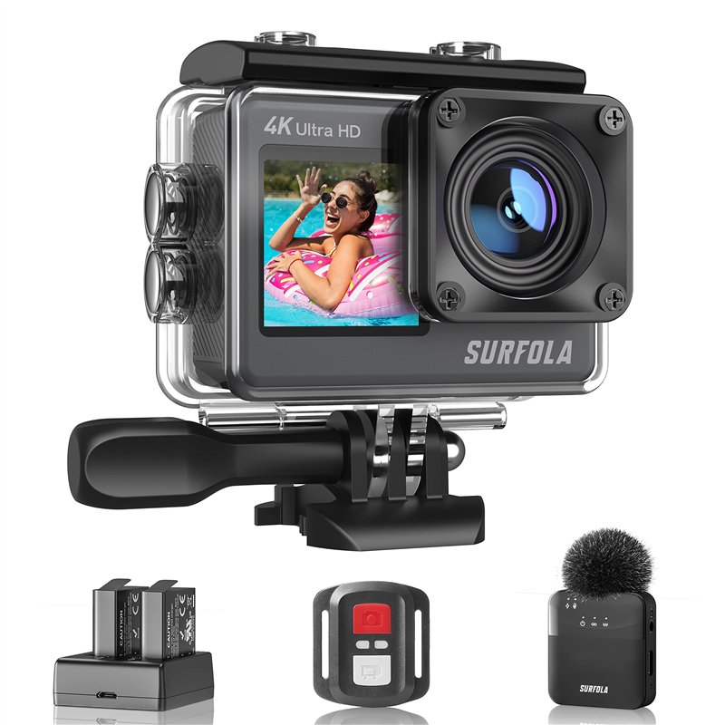 Surfola Caméra Sport SF530 Étanche 4K 60FPS, WiFi Appareil Photo avec EIS, Microphone sans Fil, Double Écran, Ensemble de 2 Pile