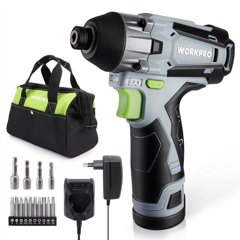 WORKPRO Visseuse à Choc sans Fil 12V avec Batterie 2,0A, Couple de 100N.m, 2000 tr/min, Clé à Choc avec Mandrin à Changement Rap