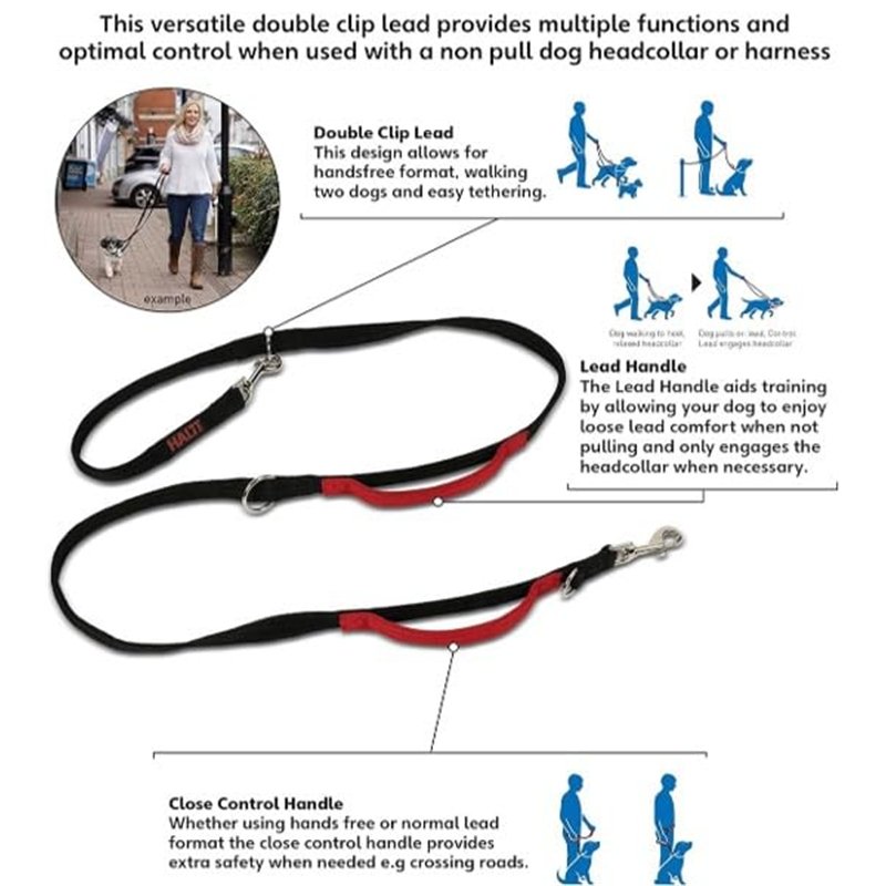 Image secondaire de Laisse de contrôle HALTI, Noir, 2m, 2 poignées conçues pour vous aider a éduquer et promener votre chien, Rembourrée, Laisse de 