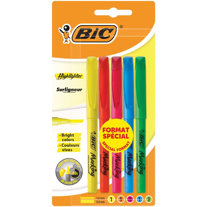 Bic Highlighter Surligneurs Pointe Biseautée, 5 unités