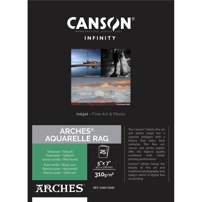 CANSON Infinity ARCHES Aquarelle Rag - Tirage papier Fine Art ARCHES - Boîte de 25 feuilles 12,7x17,8cm - Grain texturé - Blanc 