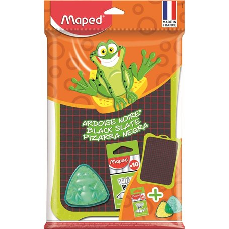 Maped - Ardoise Scolaire Graphite avec Éponge + Boîte 10 Craies Blanches - Ardoise Noire Double Face