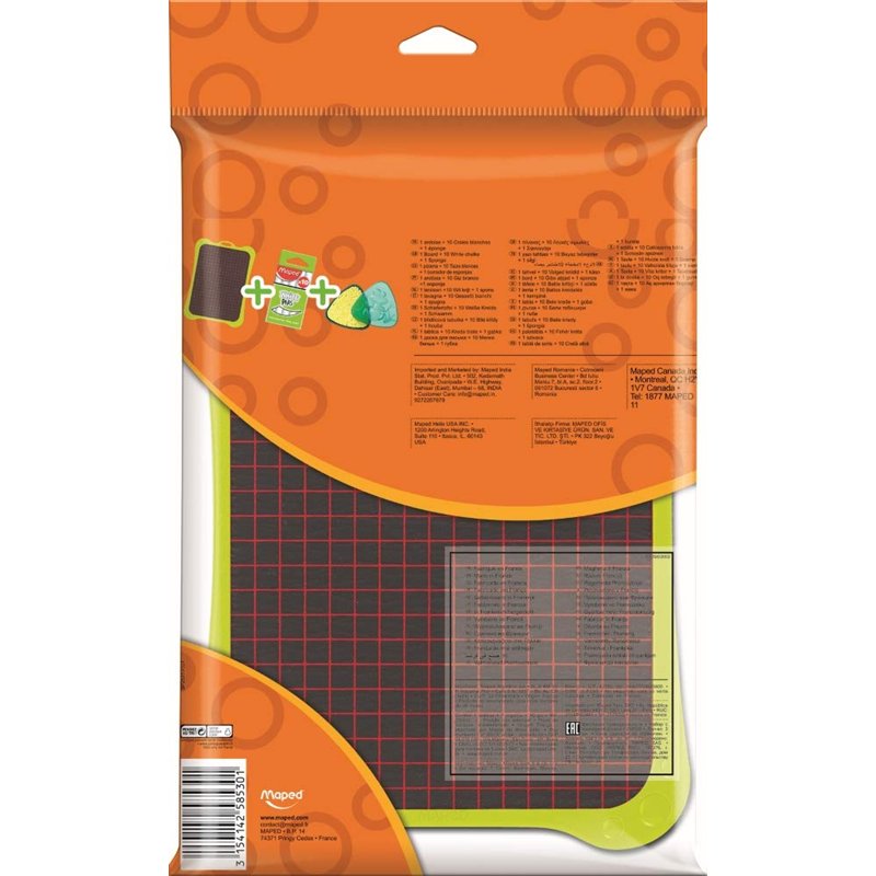 Image secondaire de Maped - Ardoise Scolaire Graphite avec Éponge + Boîte 10 Craies Blanches - Ardoise Noire Double Face, Unie et Quadrillée - Dessi