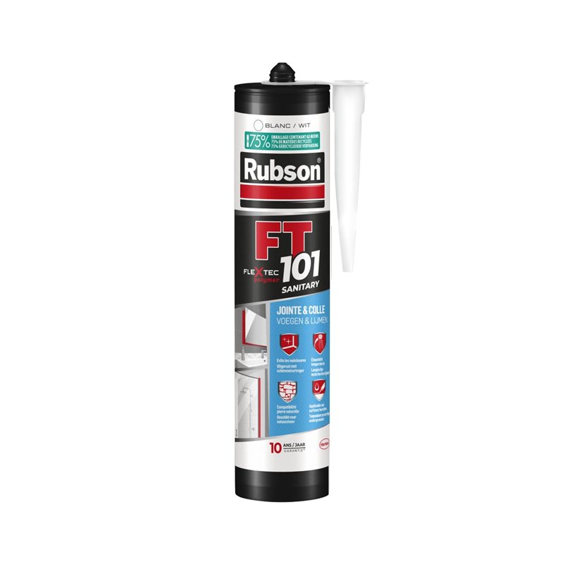Rubson FT 101 Sanitaire Blanc - Mastic Polymère Haute Qualité pour Étanchéité et Collage - Anti-Moisissure Intérieur/Extérieur -