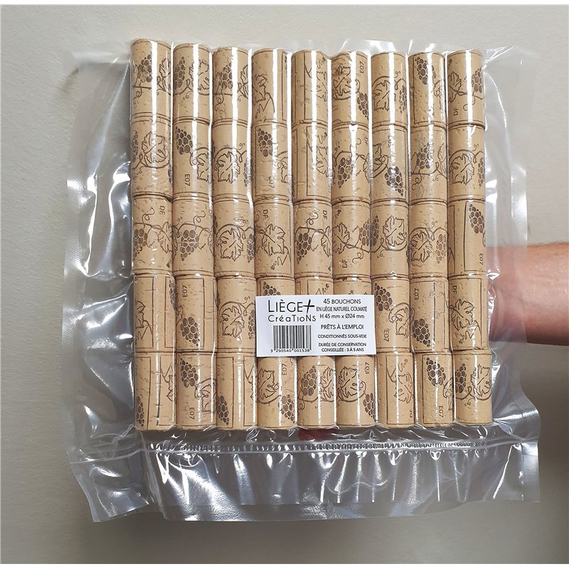 45 bouchons Hauteur 45 mm x Ø24 mm en liège naturel colmaté - étampés grappe - prêts à l'emploi - Conditionnés sous-vide - Durée