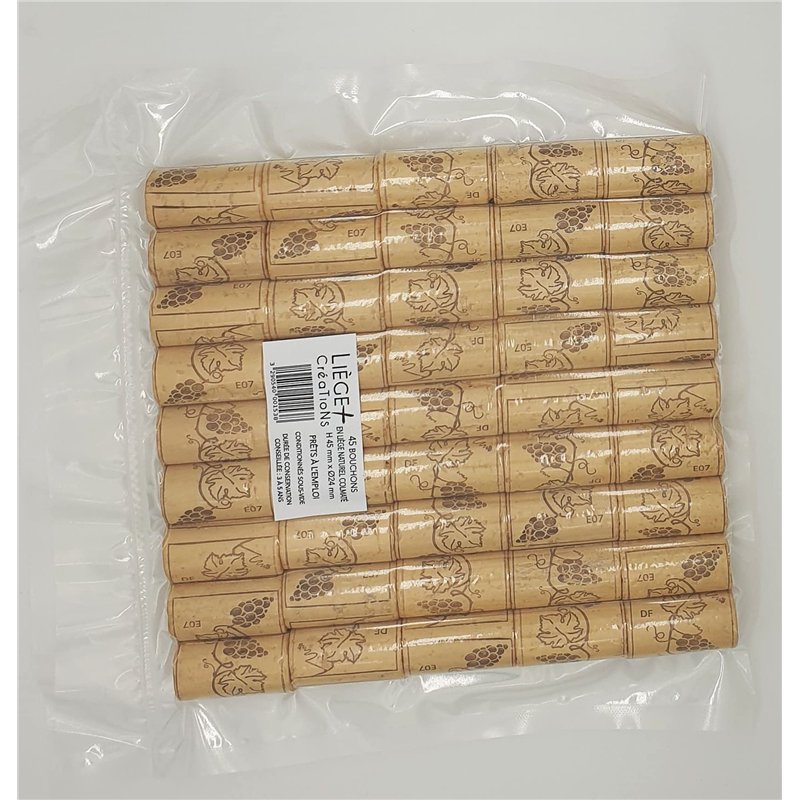 Image secondaire de 45 bouchons Hauteur 45 mm x Ø24 mm en liège naturel colmaté - étampés grappe - prêts à l'emploi - Conditionnés sous-vide - Durée