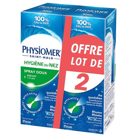 Physiomer Spray Doux – Lot de x2 – Spray nasal 100% Eau de mer – Hygiène du nez – Dispositif médical – Spray 135ml – Utilisation