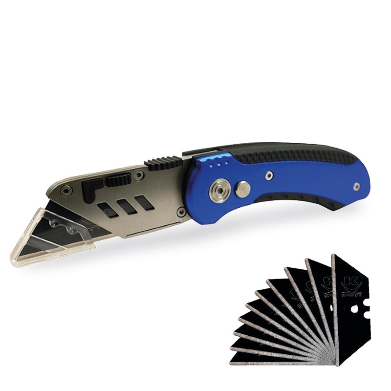 KELI - Cutter utilitaire professionnel, couteau pliant + 10 Lames Black Blade SK2 (Durée de vie 3 fois supérieure), Alu + Gomme,