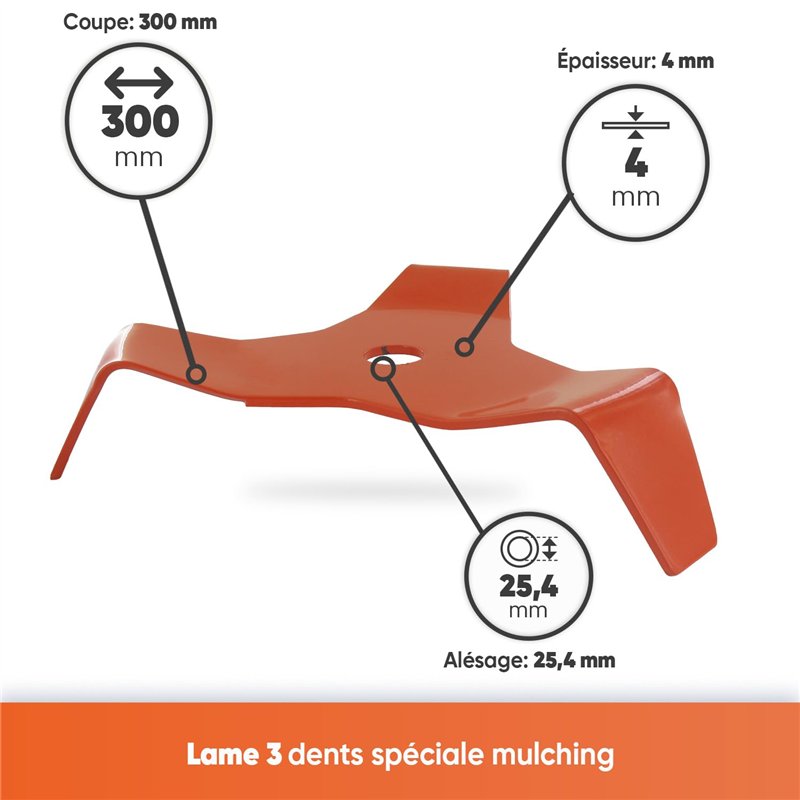 Image secondaire de GREENSTAR - Lame 3 Dents Débroussailleuse - Spéciale Mulching - Largeur de Coupe : 300 mm - Epaisseur 4 mm - Alésage - 25,4 mm