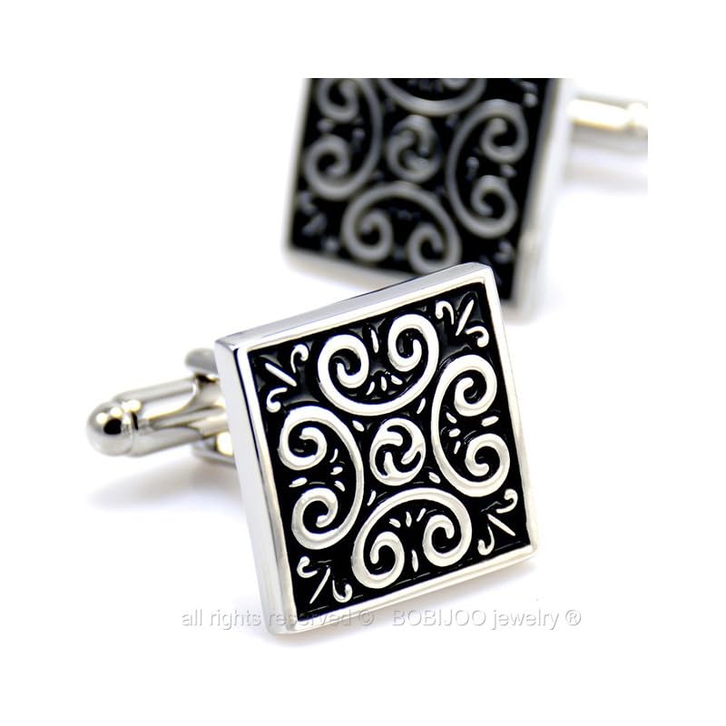 Image secondaire de BOBIJOO JEWELRY - Boutons de Manchette Tribal Celte Fleur de Lys Triskel Carré Noir Argenté